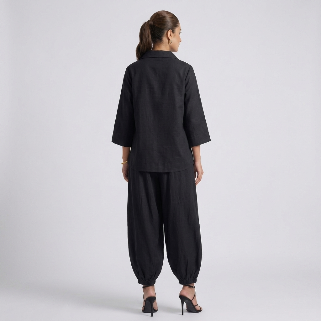 2 Piece Black Fusion Set – Minimalist Short Shirt & Lawn Balloon Trousers by SK