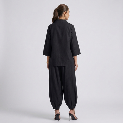 2 Piece Black Fusion Set – Minimalist Short Shirt & Lawn Balloon Trousers by SK