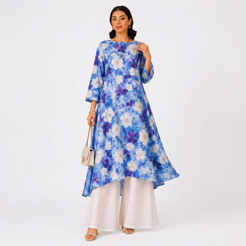2 Piece Floral Print Frock Paired With Self Printed White Trouser