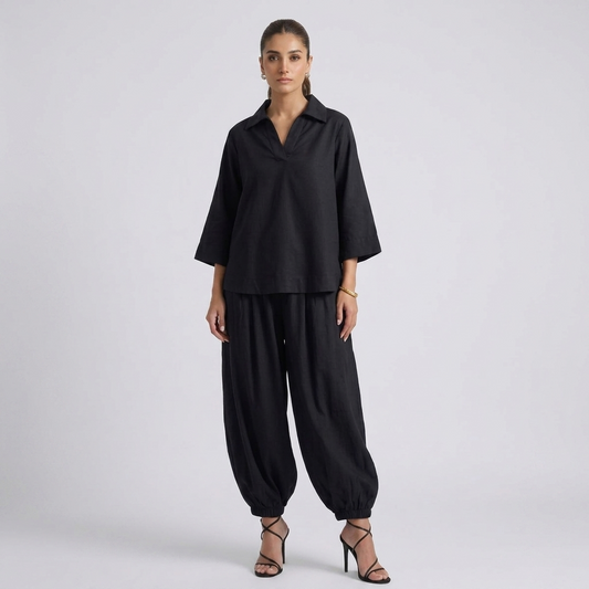 2 Piece Black Fusion Set – Minimalist Short Shirt & Lawn Balloon Trousers by SK